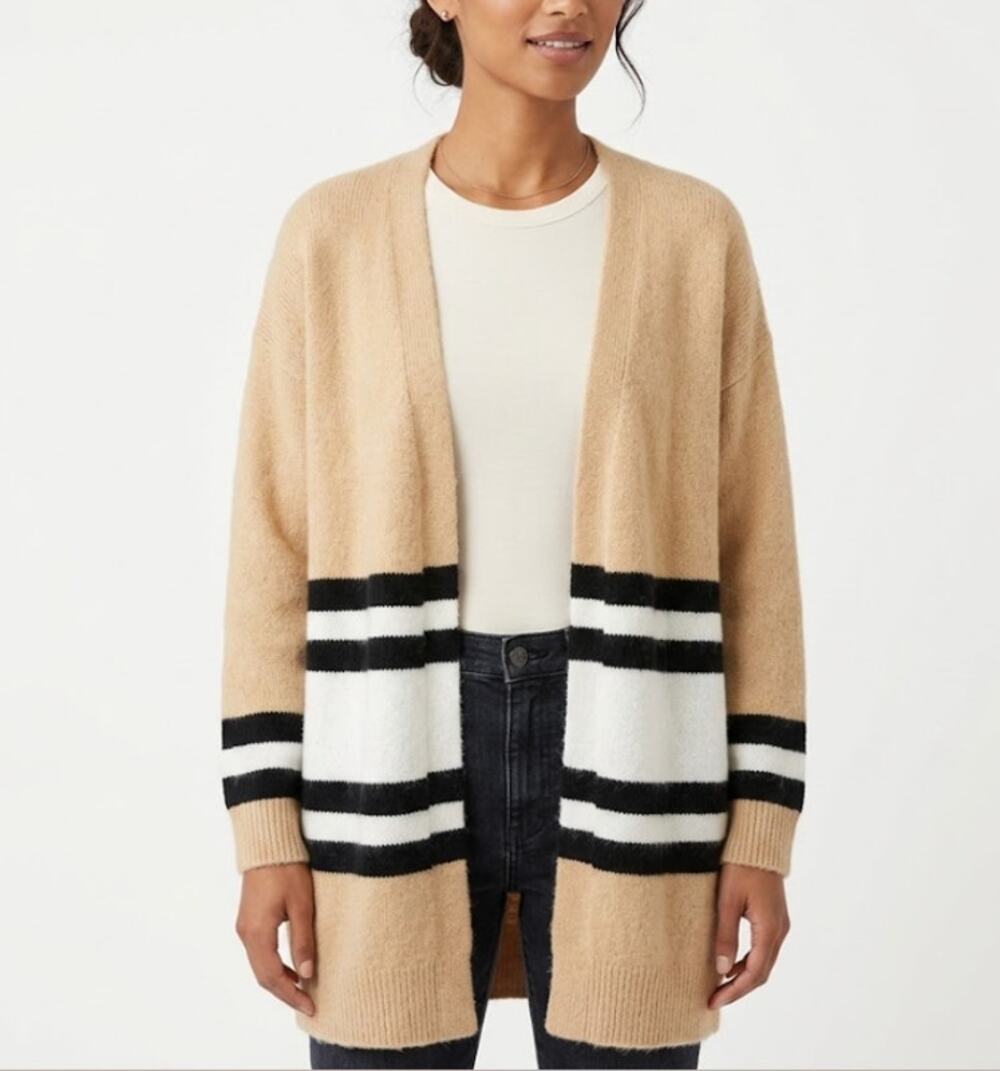 STITCHES & STRIPES Colorblock Cardigan Sweater Stripe Tan Black White Womens L